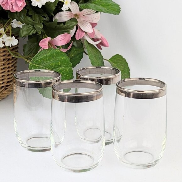 Set of 4 Vintage Silver Rim Roly Poly Juice Glasses Mid-Century Modern Barware - Picture 1 of 7